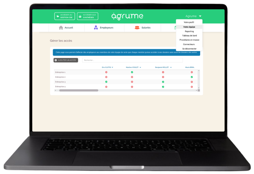 mockup logiciel EXPERT - Gestion des accès de l'équipe