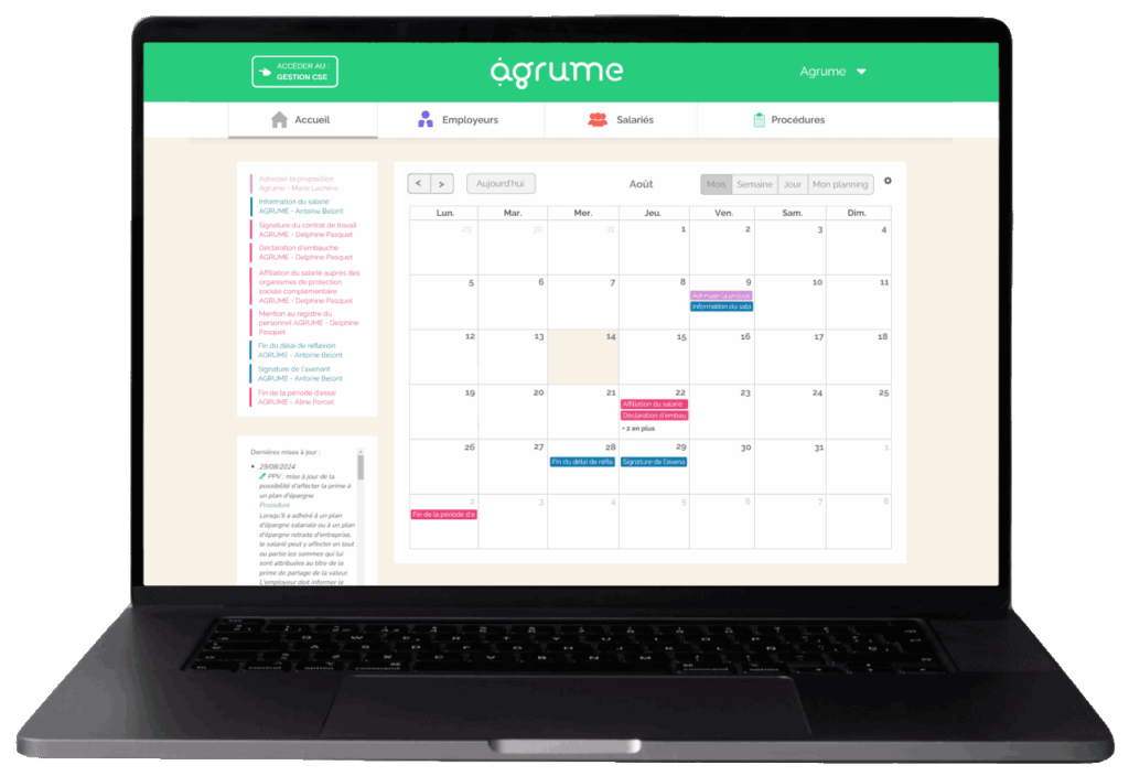 Logiciel Agrume RH : tableau de bord d'accueil
